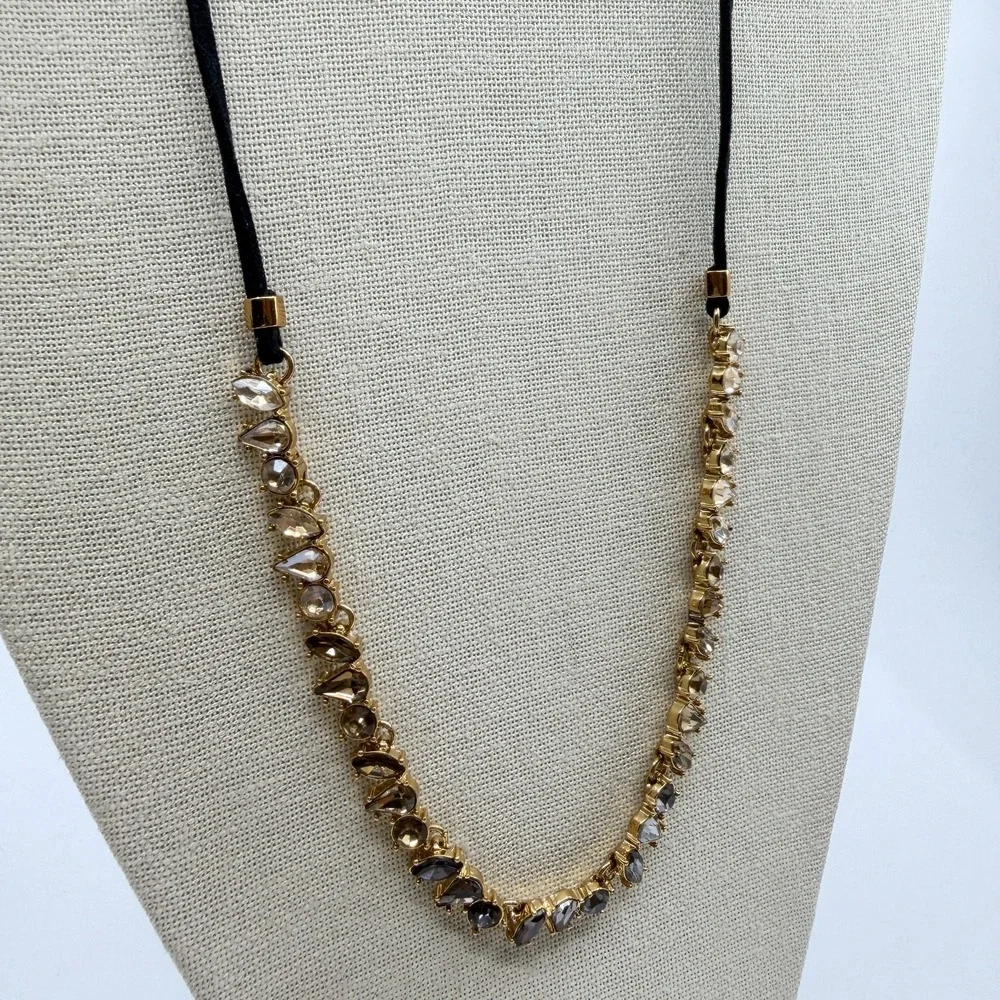 Gold Tone Smoky Gray Champagne Faceted Crystal Teardrop Cord Statement Necklace